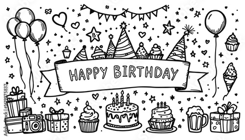 Whimsical hand-drawn birthday celebration with festive confetti, balloons, gifts, cupcakes, and a banner proclaiming "Happy Birthday".