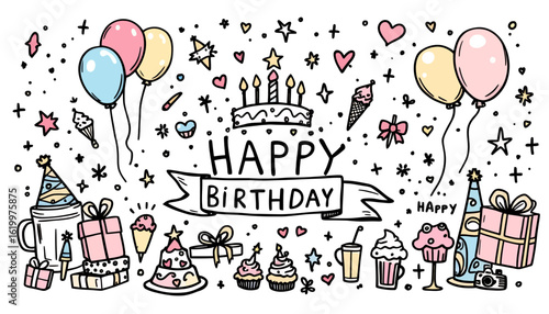 Hand-drawn vector illustration featuring a festive birthday scene with balloons, cake, gifts, and confetti, creating a celebratory atmosphere suitable for various designs.