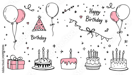 Hand-drawn vector illustration featuring birthday elements like cakes, balloons, party hats, gifts, and confetti for festive celebrations.