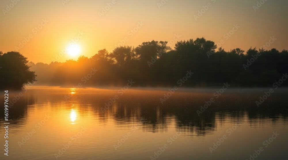Fototapeta premium Sunrise over a calm lake with misty trees creating reflections