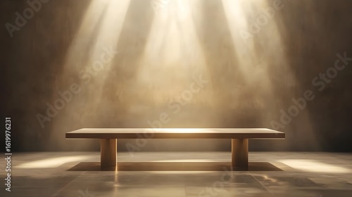 Clean, empty table at the center of studio space, illuminated by rays of soft, golden light streaming from above. Minimalist table for product display or presentation.