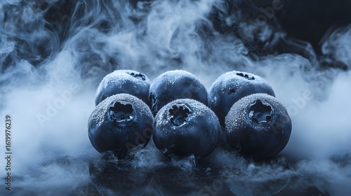 Frozen blueberries in cold mist covered in frost, close-up on dark background.