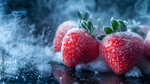 Close-up vibrant red strawberries covered in frost with cold mist on dark background. Freshness, freezing texture, chill for food or dessert presentation.