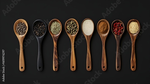 Top view of wooden spoons with spices in a row on a black background, minimalist culinary composition.