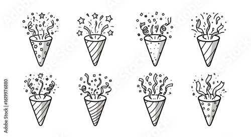 A collection of festive vector illustrations showcasing party poppers exploding with various confetti and streamers, perfect for celebrations and event design, available as a transparent PNG.