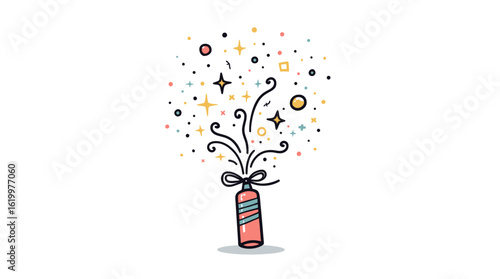 Colorful confetti vector PNG illustration of a party popper exploding with stars and sparkles, ideal for festive designs and celebrations.