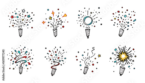 A festive collection of hand-drawn confetti poppers in vector format, perfect for adding a celebratory touch to designs for parties and special events.