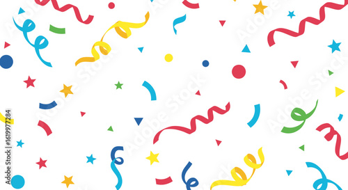 A vibrant vector illustration showcasing colorful confetti and streamers scattered against a clean white background, perfect for festive celebrations and design projects.