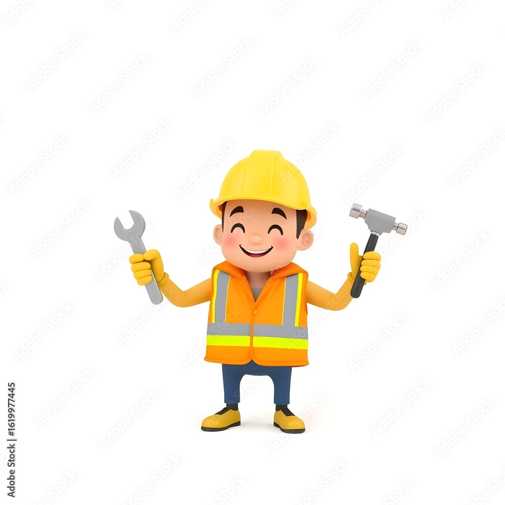 Happy Cartoon Construction Worker with Tools Happy Cartoon Construction Worker with Tools