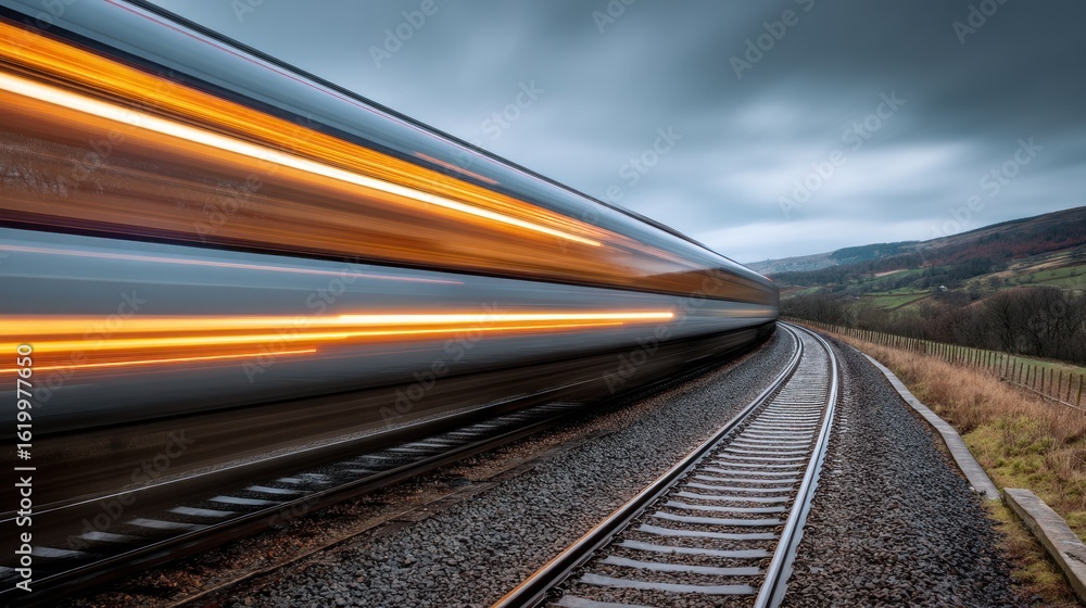 Naklejka premium Fast train moving on tracks in the countryside