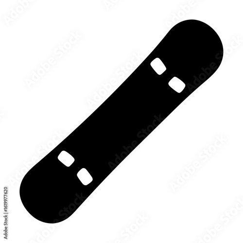 A stylized black and white illustration of a simple snowboard shape