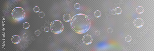 Realistic collection of soap bubbles. Blur effect. Vector. On a transparent background.