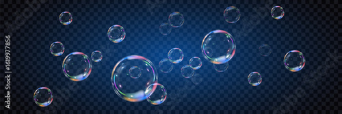 Soap bubbles, on a transparent background. The effect of falling and flying bubbles. The effect of glass bubbles. Vector EPS 10.