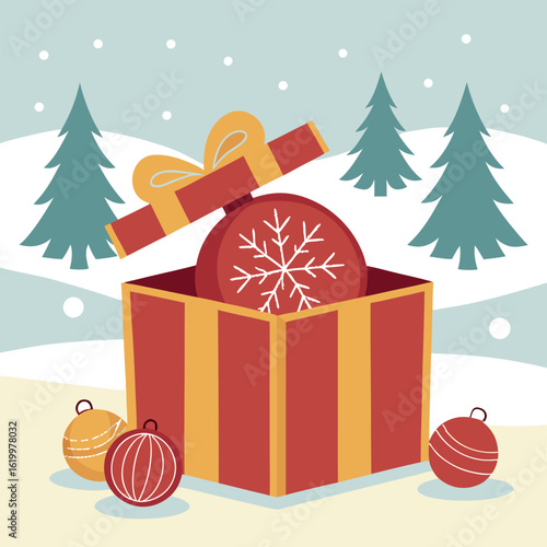 Festive showing red gift box with ornament and wintery landscape