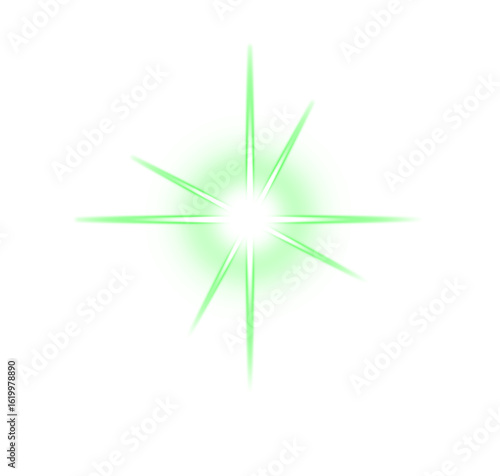Green lens flare light effect with glowing radial burst and soft luminous rays for digital design and photo overlay isolated on white background
