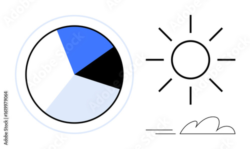 Pie chart with segmented divisions alongside a bright sun and minimalist cloud. Ideal for business, analytics, environment, weather, energy, optimism, progress themes. Minimal and simple flat