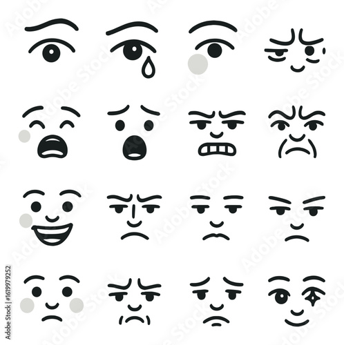 Sixteen cartoon expressive faces displaying various emotions