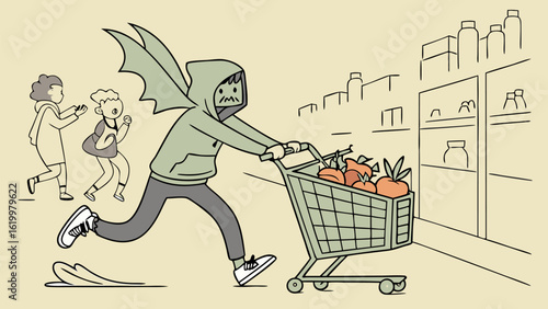 A mischievous character with devil wings and a hoodie races through a grocery store aisle pushing a shopping cart filled with fruit pursued by two startled shoppers