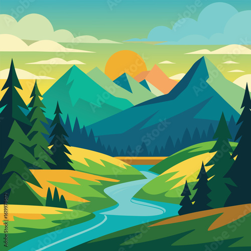 Beautiful Nature Landscape Scenery Vector Drawing Of Wilderness And Forest With Calm Atmosphere