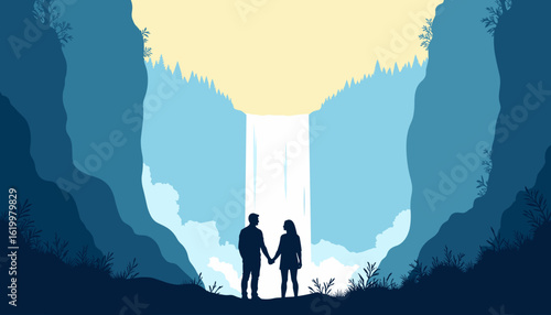 A couple with a view of a waterfall, in a picturesque landscape