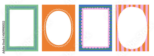 A trendy collection of vector frames and backgrounds with hand-drawn borders, abstract wavy lines retro-inspired patterns. Frames in playful colors. For invitations, posters, social media templates