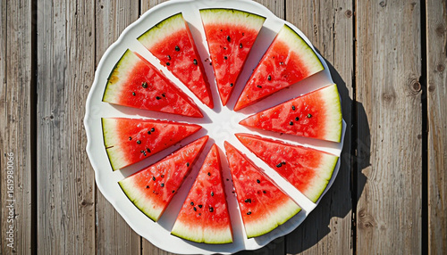 Brightly lit triangular watermelon wedges on wooden board