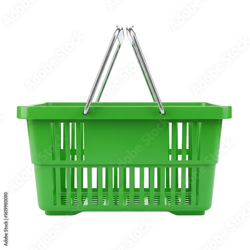 Isolated green plastic shopping basket with metal handles a versatile grocery and retail essential for shopping convenience promoting efficiency and sustainability