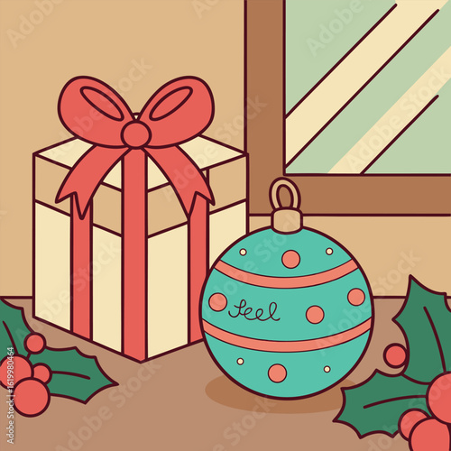 Christmas depicts wrapped present, ornamented bauble, window, and holly leaves