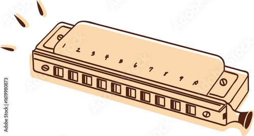 Vector illustration of a harmonica (mouth organ) on white background. Classic portable instrument used in blues, folk, and country music. Perfect for music-related designs and educational materials.