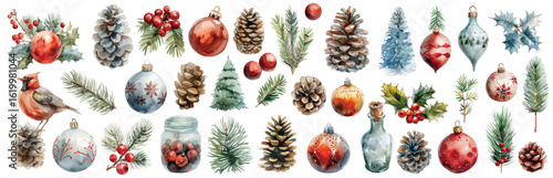 Watercolor Christmas decor elements set with pine trees, branches, cones, toys, gifts hand drawn illustrations for winter holidays celebration cards clip art
