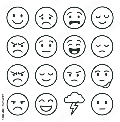 Set of various emoji faces displaying diverse emotions on brown background