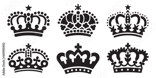 A collection of six black and white crown illustrations with varying designs and embellishments