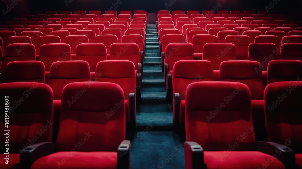 Fototapeta premium Empty red cinema seats in a movie theater interior shot theatrical environment perspective on vacant seating