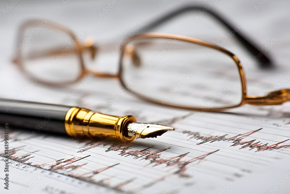 Fototapeta premium Glasses and fountain pen on financial chart.