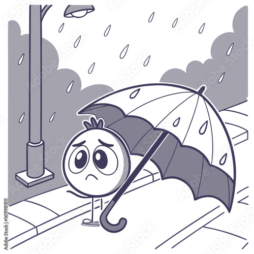 Sad cartoon character with umbrella in the rain on street