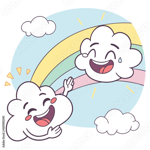 Two happy clouds with a rainbow in the sky