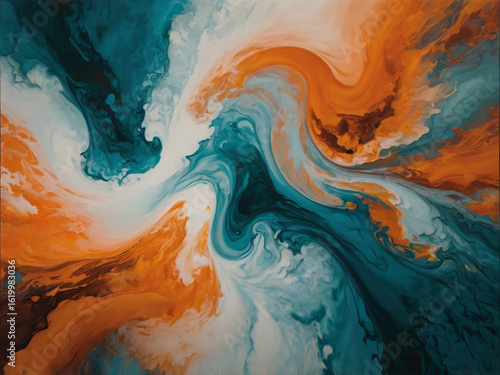 Swirling Teal Orange and White Abstract Fluid Art organic texture