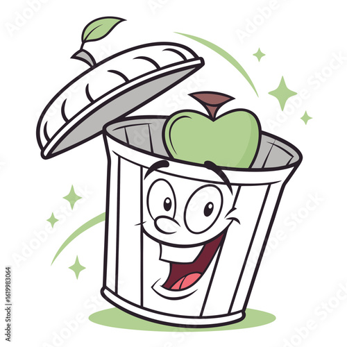 Happy cartoon trash can with an apple inside, isolated on white background