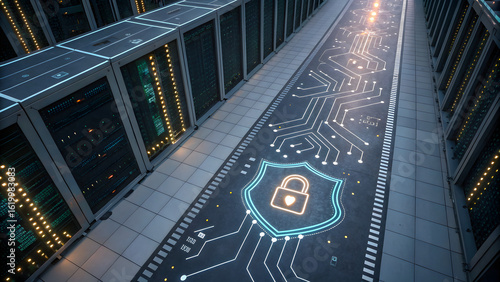 DevSecOps Integration Security Automation Secure Futuristic data center with circuit patterns and a security padlock design on the floor.