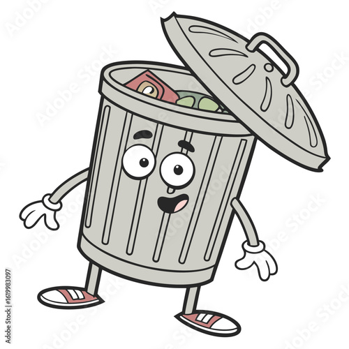 Surprised cartoon trash can full of trash, isolated on white background