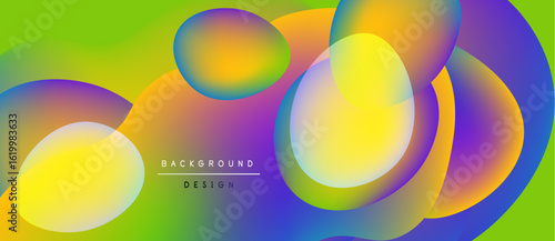 Vibrant abstract shapes overlap, creating colorful gradients. Background features lime green, yellow, purple hues. Design elements suggest fluidity, motion.