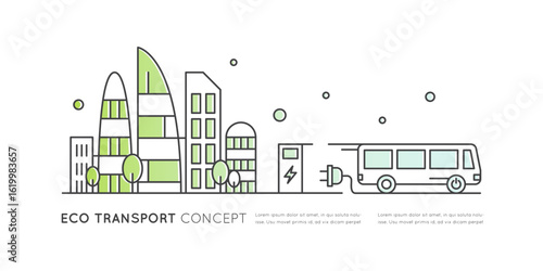 Minimal line icons electric buses, charging stations, green mobility infrastructure, sustainable public transport, eco transit, smart city transit, clean energy vehicles, zero emissions, CO2 neutral