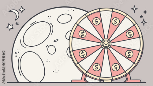 A whimsical illustration of a prize wheel with dollar signs on its segments set against a backdrop of a large stylized moon and twinkling stars
