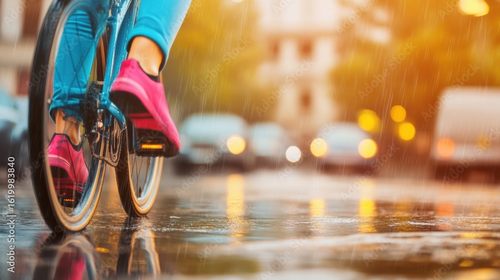 Fototapeta premium Brightly colored sneakers splash through rain on a bike ride in the city