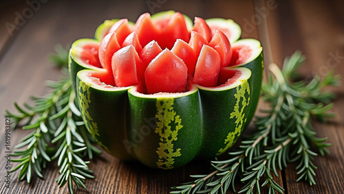 Decorative watermelon carving with bold flower star design