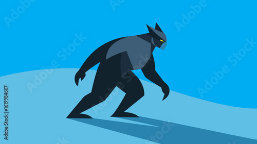 Dark Gray Wolverine Walking Snowy Landscape Long Shadow