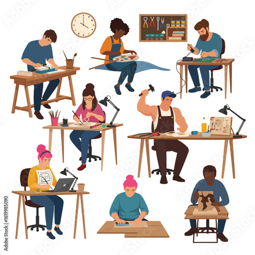 Creative People, Artisans and Crafters at Work Vector Illustration Set