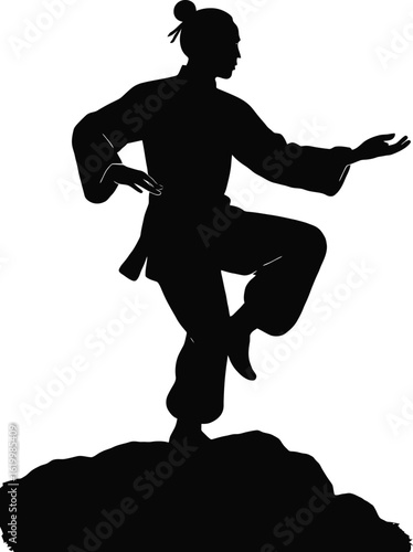 Silhouette of a tai chi master in misty mountains