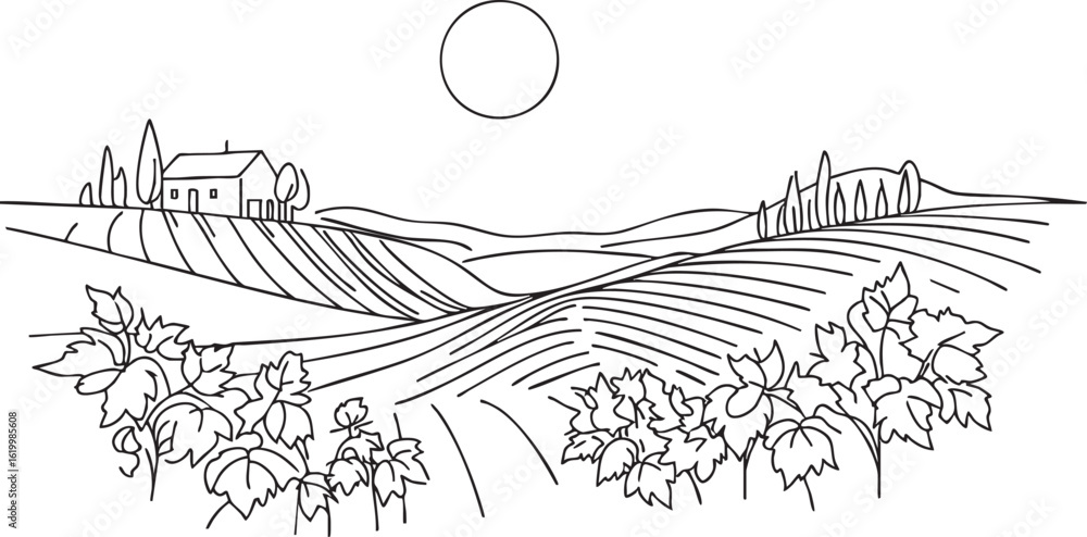 Fototapeta premium Sketch vineyard simple landscape. Hand drawn monochrome vintage horizontal sketch