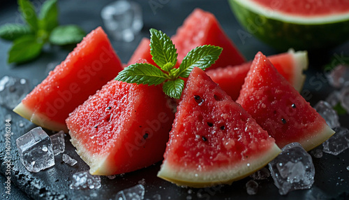 Juicy sliced watermelon wedges on white plate, studio food shot